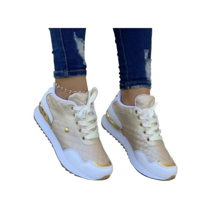 

Lacyhop Women Sport Shoe Patchwork Casual Sneakers Flat Walking Shoes Running Nonslip Flats Lightweight Lace Up Sneaker Apricot 8.5