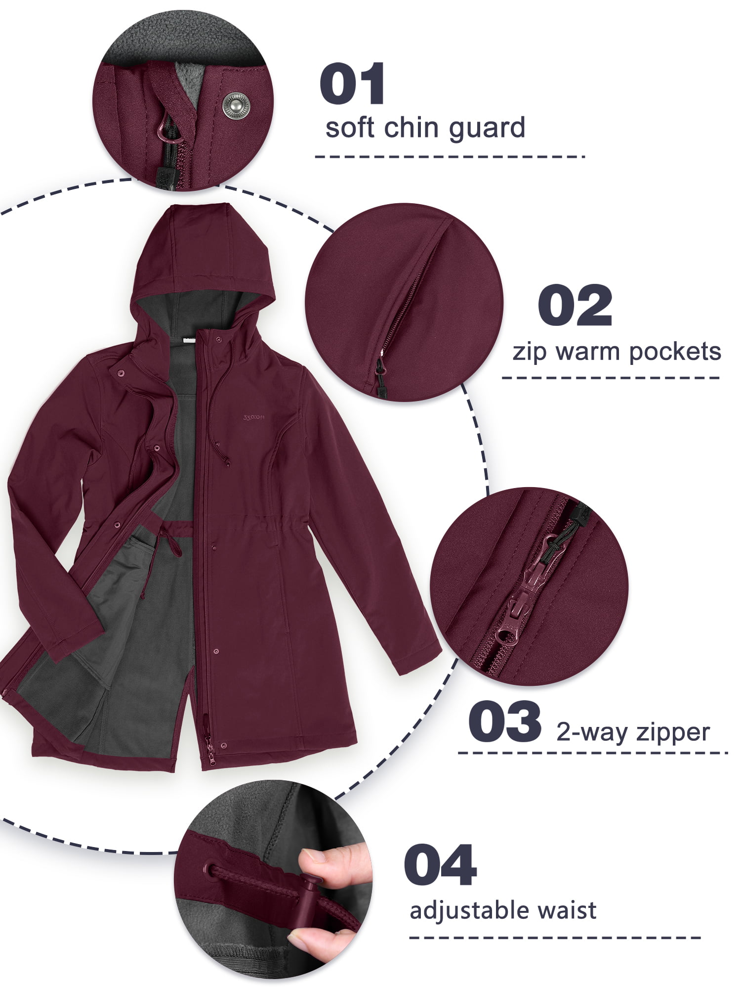 Softshell Windbreaker up 33,000ft Jacket Long Warm Hood Waterproof Windproof with Fleece Lined Women\'s