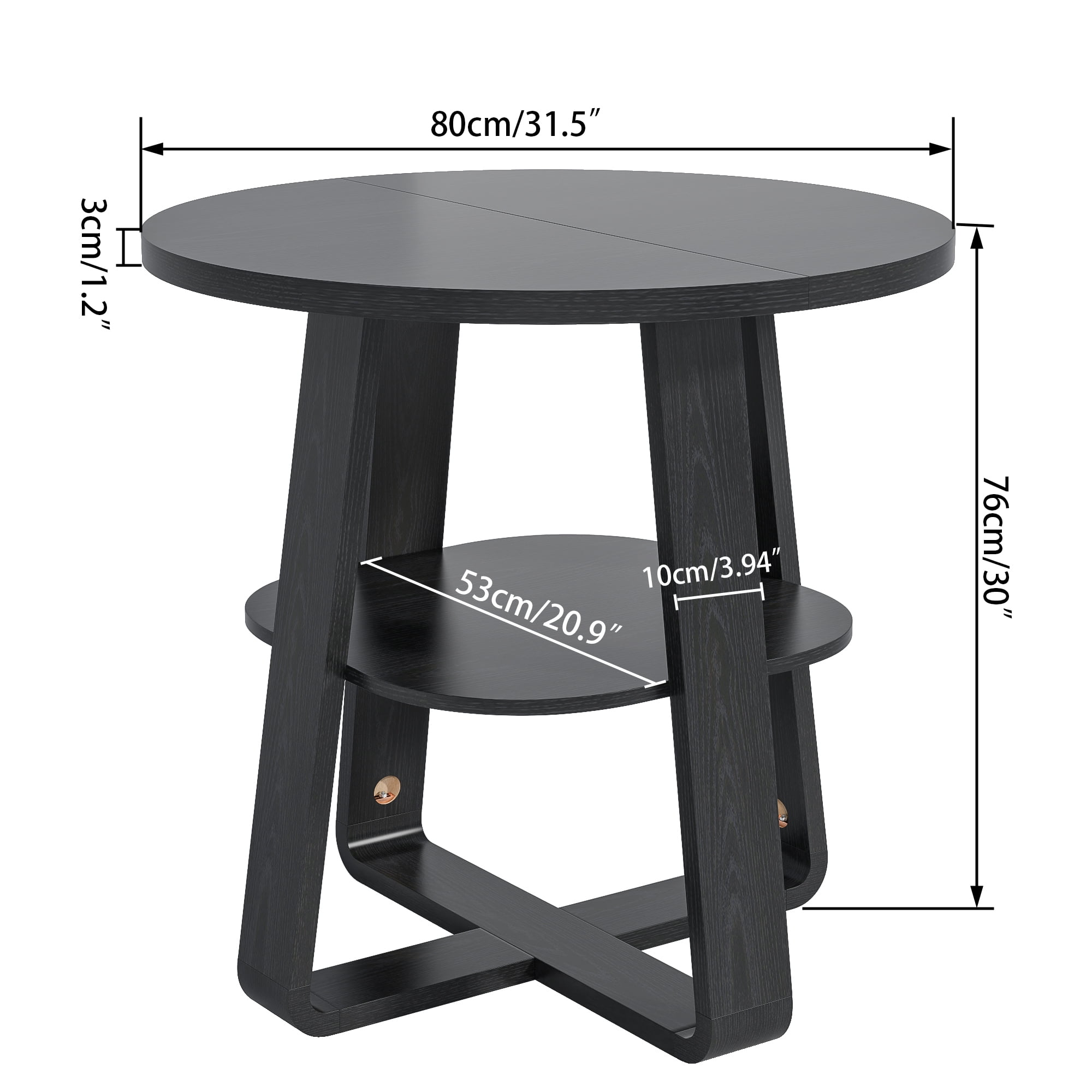 Small Round Dining Table for 2-4, Farmhouse Kitchen Table with Open Shelf, Circle Table for Space Saving, Living Room, Dining Room, Black