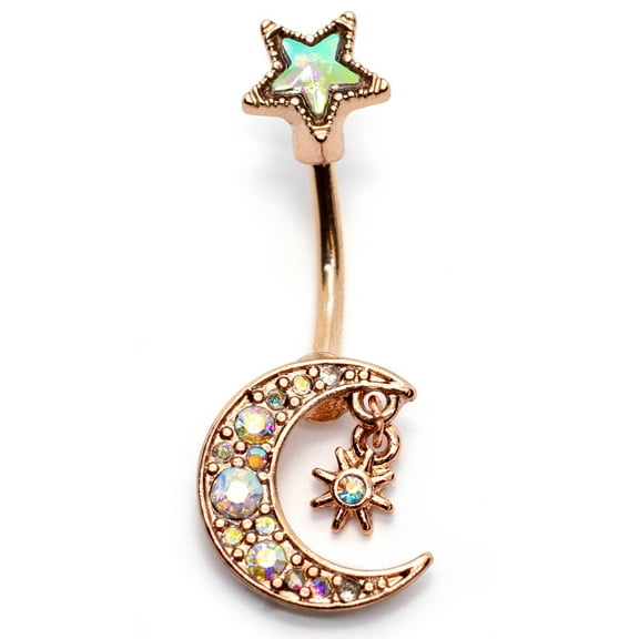 Pierce2GO 14G 7/16" Crystal Moon Pendant Belly Button Rings with Hanging Star Barbell Body Piercing Jewelry Women (Rose Gold)