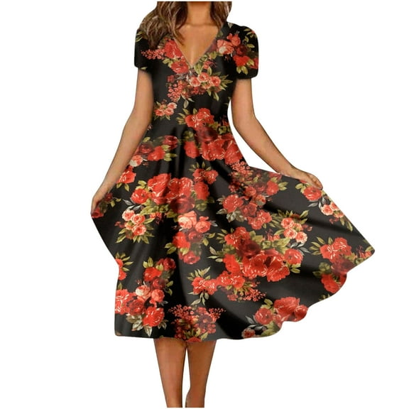IROINNID Savings Wedding Guest Dresses for Women Semi Formal Evening Night Casual Homecoming Dress Summer Printing Short Sleeve V Neck Mid Thigh Length Trendy A-Line Dress,Red