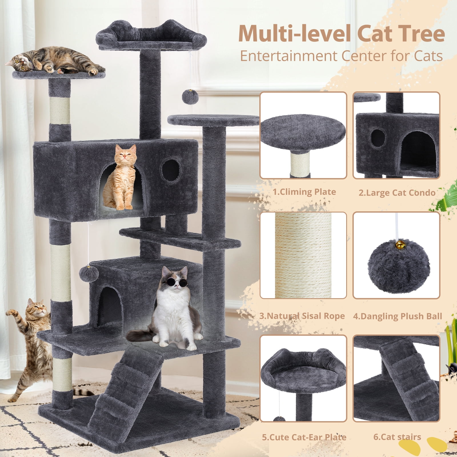 Cat Tree, 54-Inch Cat Tower with Sisal Scratching Post, Multi-Level Plush Cat Tree with Climbing Ladder, Dark Gray