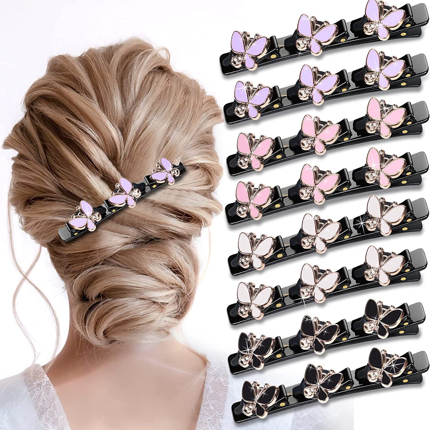 Braided Hair Clip with 3 Small Clips, Multi Clip Hair Barrette, Triple Hair  Clips with Rhinestones for Sectioning (Clover&Plum-8 PCS)