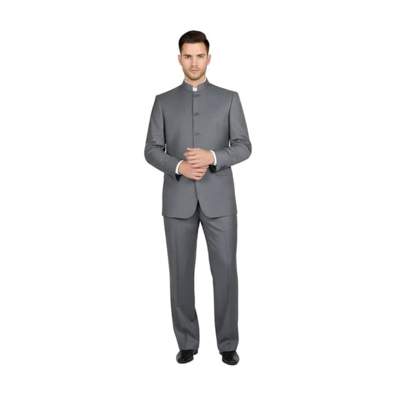 Men Apollo King Banded Collarless suit Mandarin 5 Button Wide leg M5-3 Gray New