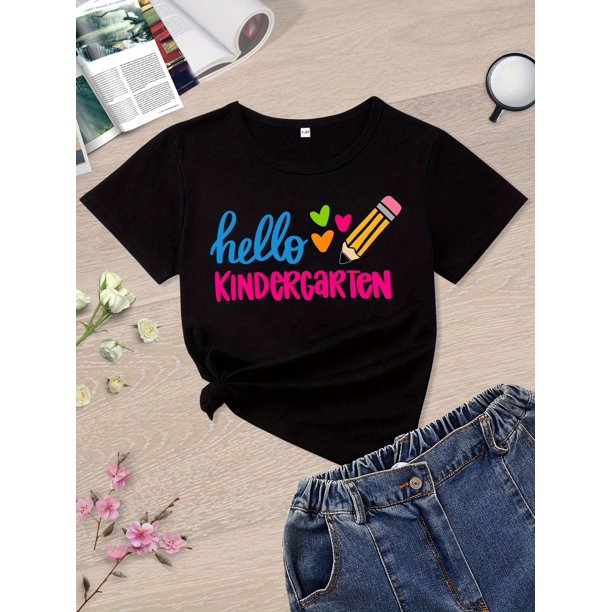 Girls' "Hello Kindergarten" First of School T-Shirt - Cute Pencil Print & Heart Design, Soft Short Sleeve Round Neck Top, Machine Washable Summer Casual T-Shirt, First Outfit, Comfortab