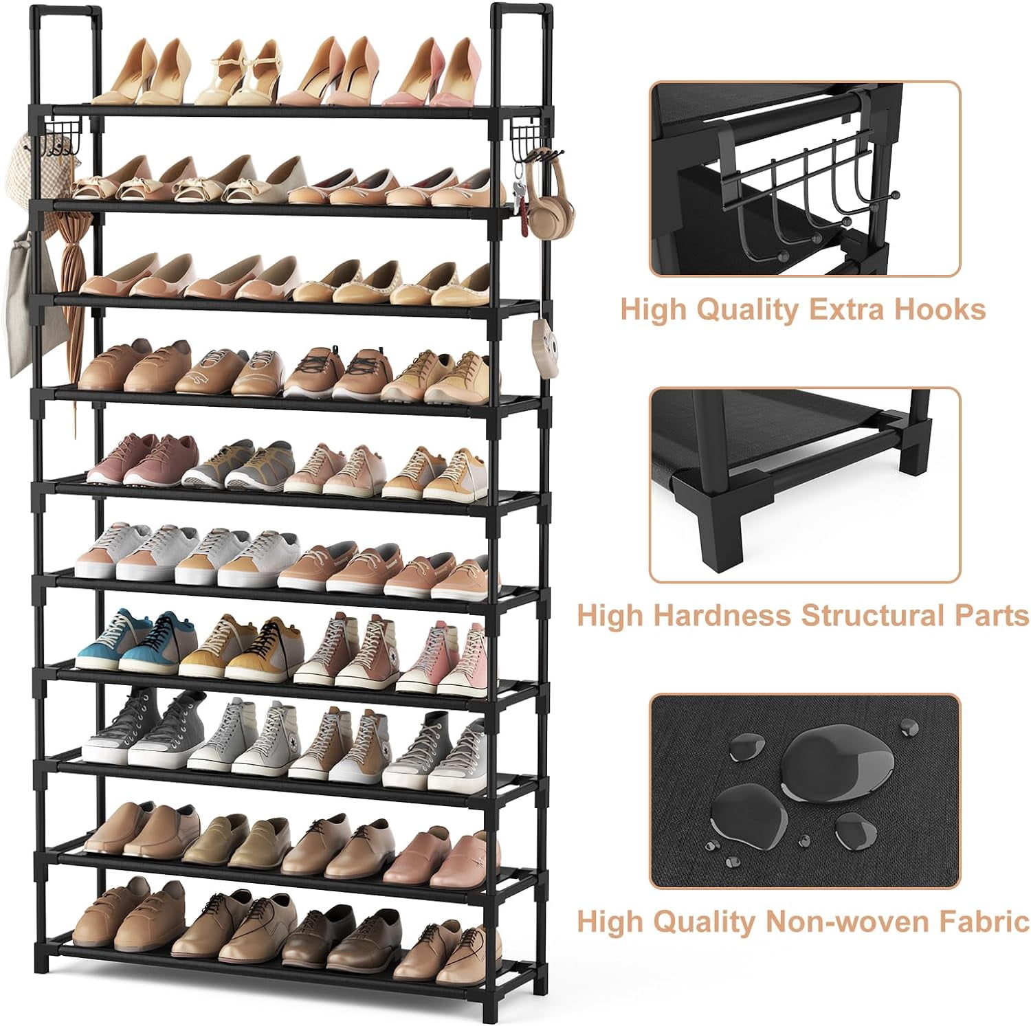10 Tier Shoe Rack Tall Large Capacity Wide Shoe Organizer with Two Hooks Sturdy Metal Shoe Shelf for Entryway, Closet, Bedroom