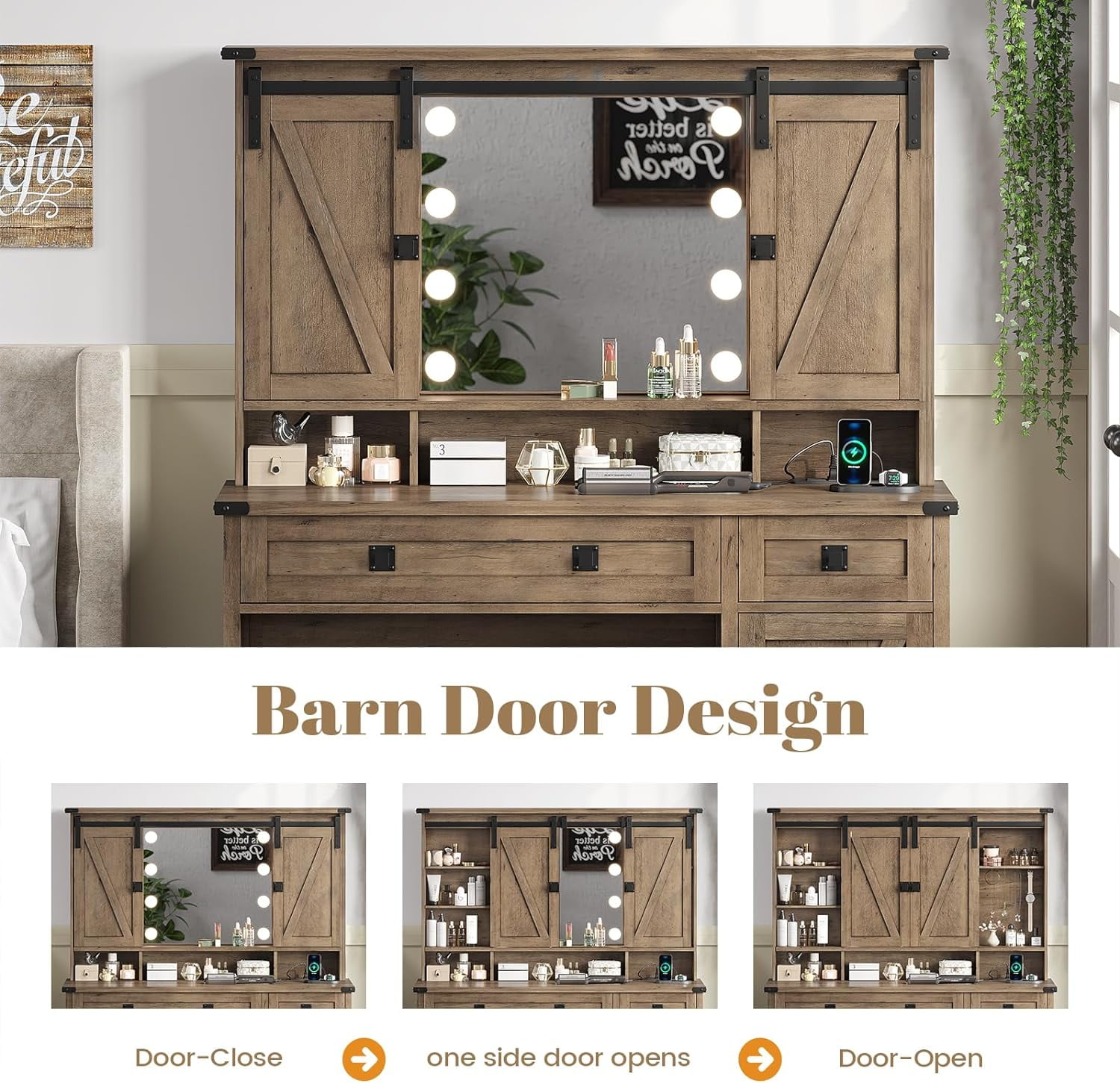 AOGLLATI Farmhouse Brown Vanity Table Set with Lights, Mirror, Charging Station and Jewelry Hooks