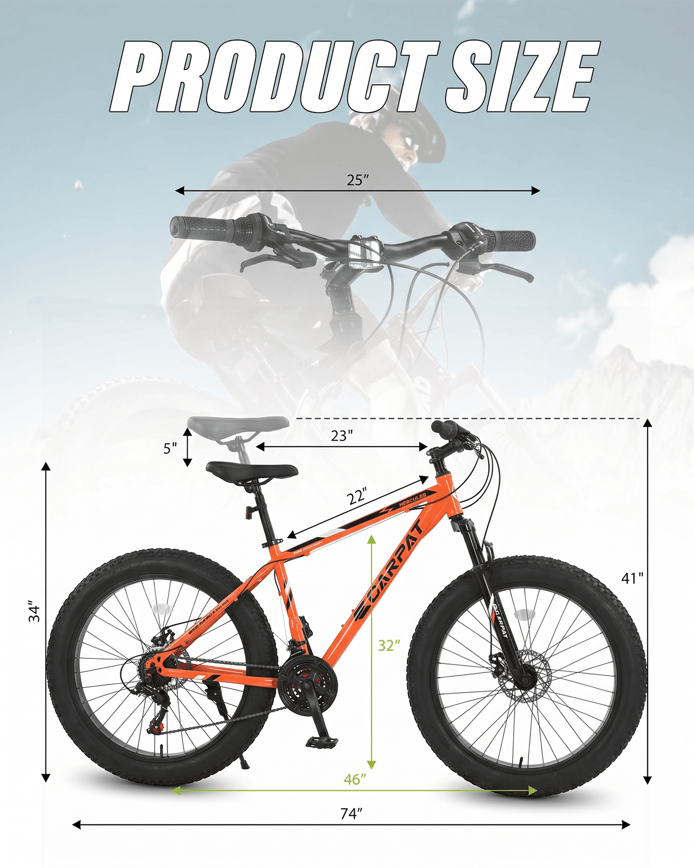 26 inch Fat Tire Mountain Bike for Adult, Outdoor Cycling Bike with 21-Speed for Men Women, High Carbon Steel Frame, Dual Disc Brake, 4 Inch Wide Tires, Front Suspension, Anti-Slip Bikes, Orange