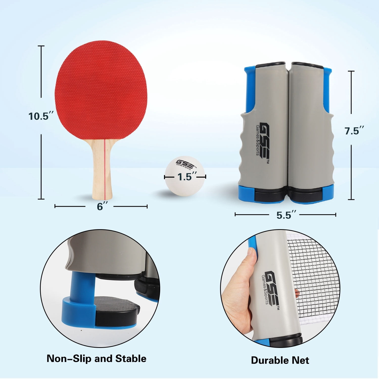 GSE Games & Sports Expert Complete Portable Table Tennis Game Set with Retractable Ping Pong Net & Post, 2 Paddles & 3 Ping Pong Balls for Anywhere-Grey