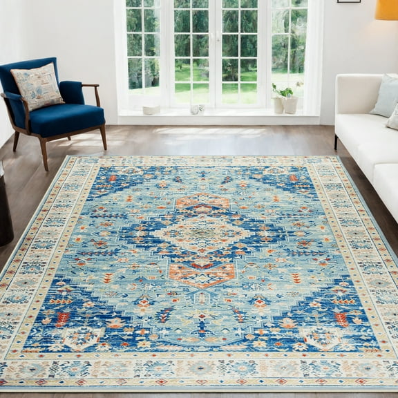 Traditional Area Rug, 8'x10' Foldable Medallion Carpet, Indoor Non-Slip Rug for Kitchen Living Room Bedroom Dining Room