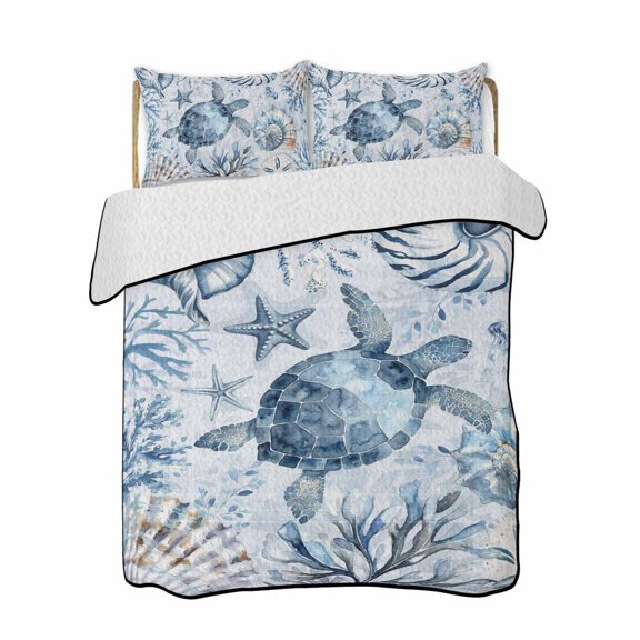 Quilts Queen Size Bedding Set, Blue Turtle Coastal Reversible Summer Quilt 3 Pieces, Summer Beach Coral Conch Shell Lightweight Bedspreads Coverlets with 2 Pillow Shams for All Seasons