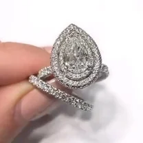 Pear Cut Moissanite Halo Bridal Set Engagement Ring 14K White Gold Plated 2.8Ctw