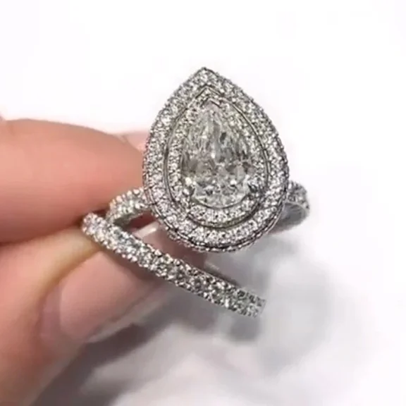 Pear Cut Moissanite Halo Bridal Set Engagement Ring 14K White Gold Plated 2.8Ctw