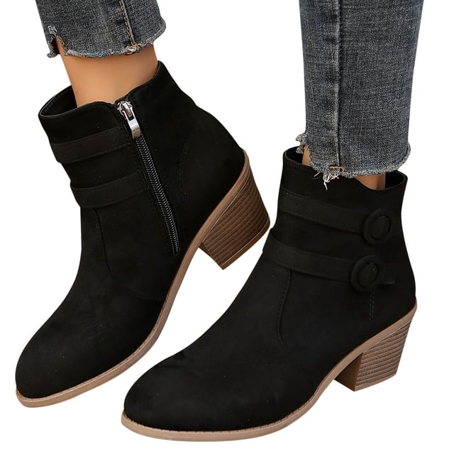 LSLJS Bottines Rétro à Talons Épais pour Femmes avec Double Boucle, Sangle, Fermeture Éclair Latérale, Bottes Courtes Confortables, Bottes de Travail