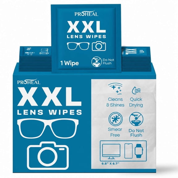 ProHeal Lens Wipes XXL, 50 Count - 10"x7" for Eye Glasses, Watches, Display Screens