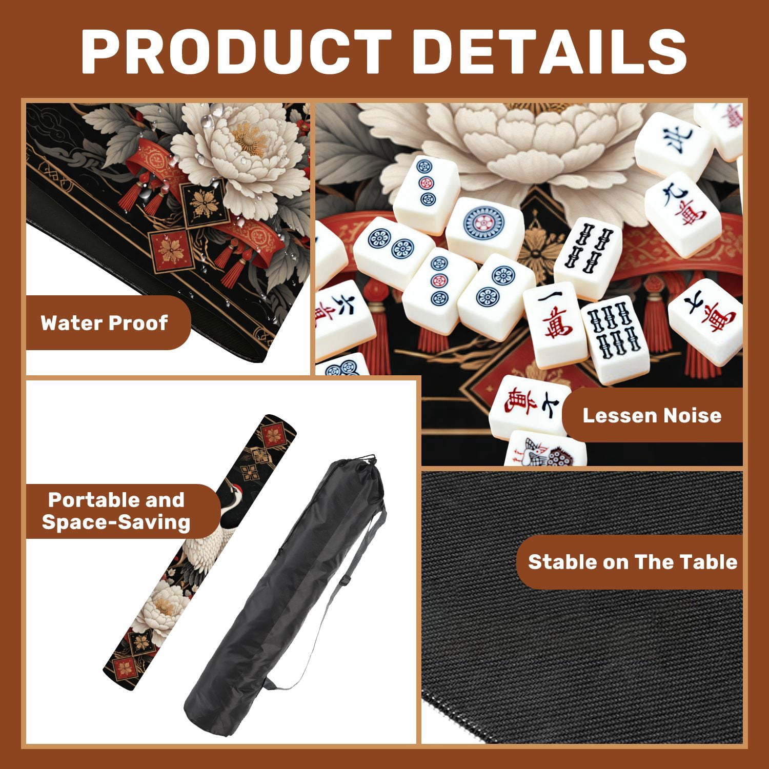 Mahjong Mat 31.5" x 31.5" Elegant Crane Red White Peonies Floral Ornate Gold Frame Non-Slip Noise Reduction American Mahjong Tiles Table Cover for Dominoes Poker Card Board Games Gift