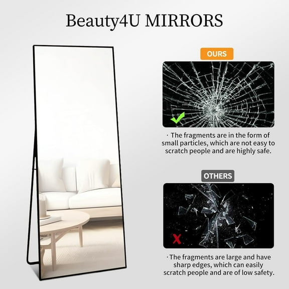 59" x 16" Full Length Mirror with Stand, Black Wall Mounting Mirror, Metal Frame Tempered Glass for Living Room Bedroom