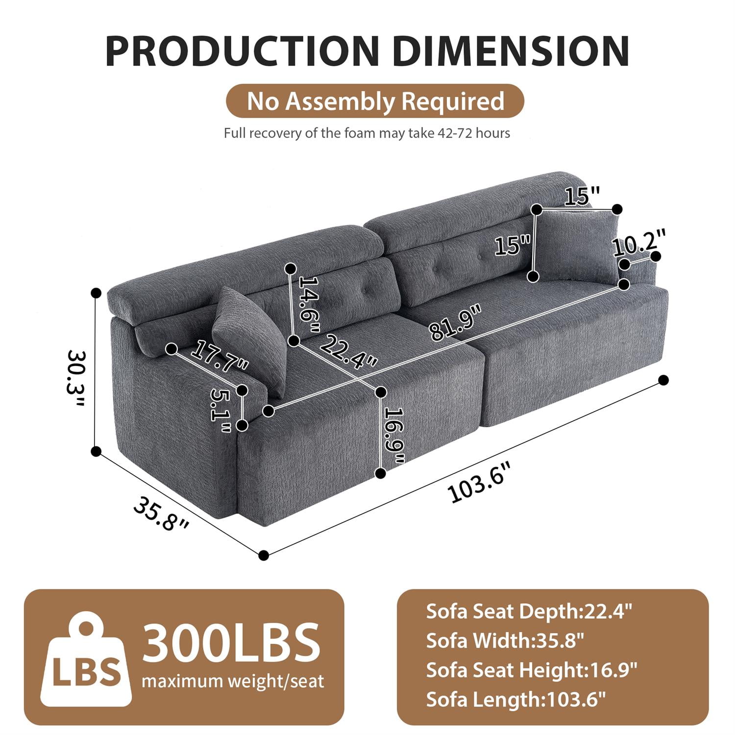 Demi Bonn 103" 4-Seater Compression Sofa Couch with Wood Grain Chenille Fabric, Full Sponge Cushion and 2 Cozy Pillows for Living Room, Gray