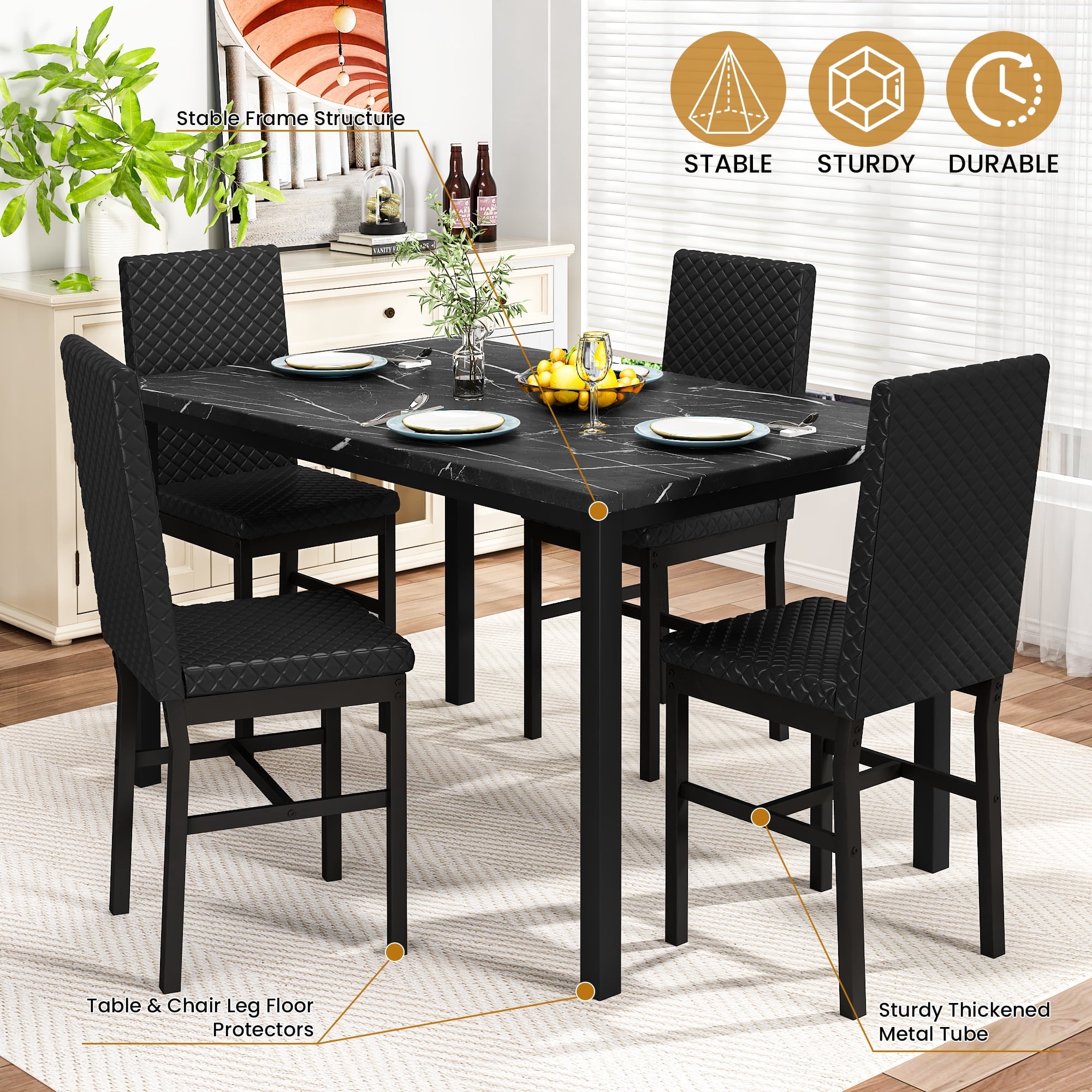 Baxluxe Dining Table Set for 4, Modern 5 Piece Dining Table Set, Faux Marble Kitchen Table and 4 Velvet Upholstered Chairs for Apartments, Dining Rooms, Small Spaces, Black