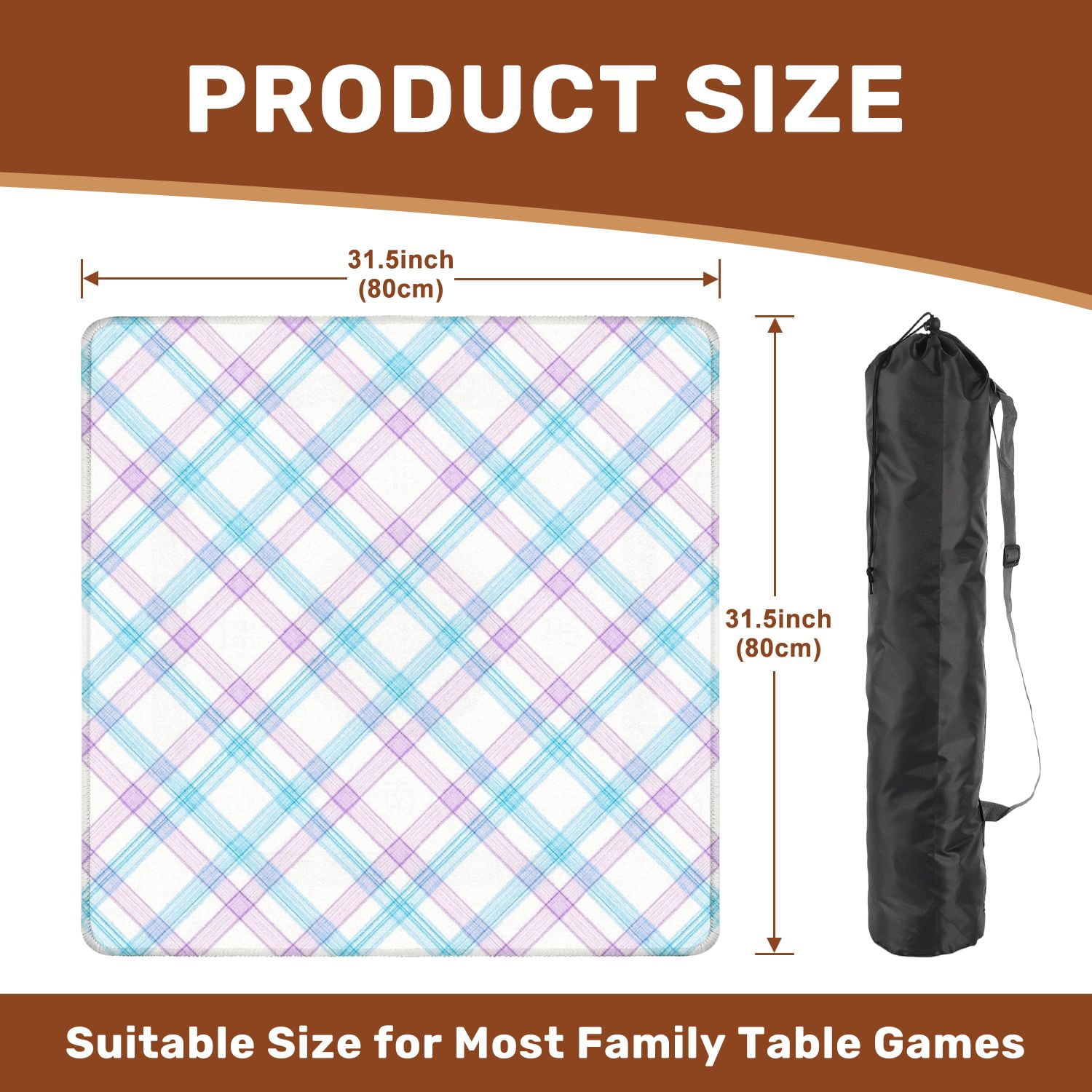 Mahjong Mat 31.5" x 31.5" Soft Blue Purple Plaid Diagonal Stripes White Non-Slip Noise Reduction American Mahjong Tiles Table Cover for Dominoes Poker Card Board Games Gift