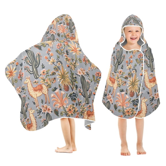 Yayeee Kids Hooded Towel with Hand Pockets Beach Soft Absorbent Bath Wrap 50 x 23.5 inch, Gray Llama Pattern