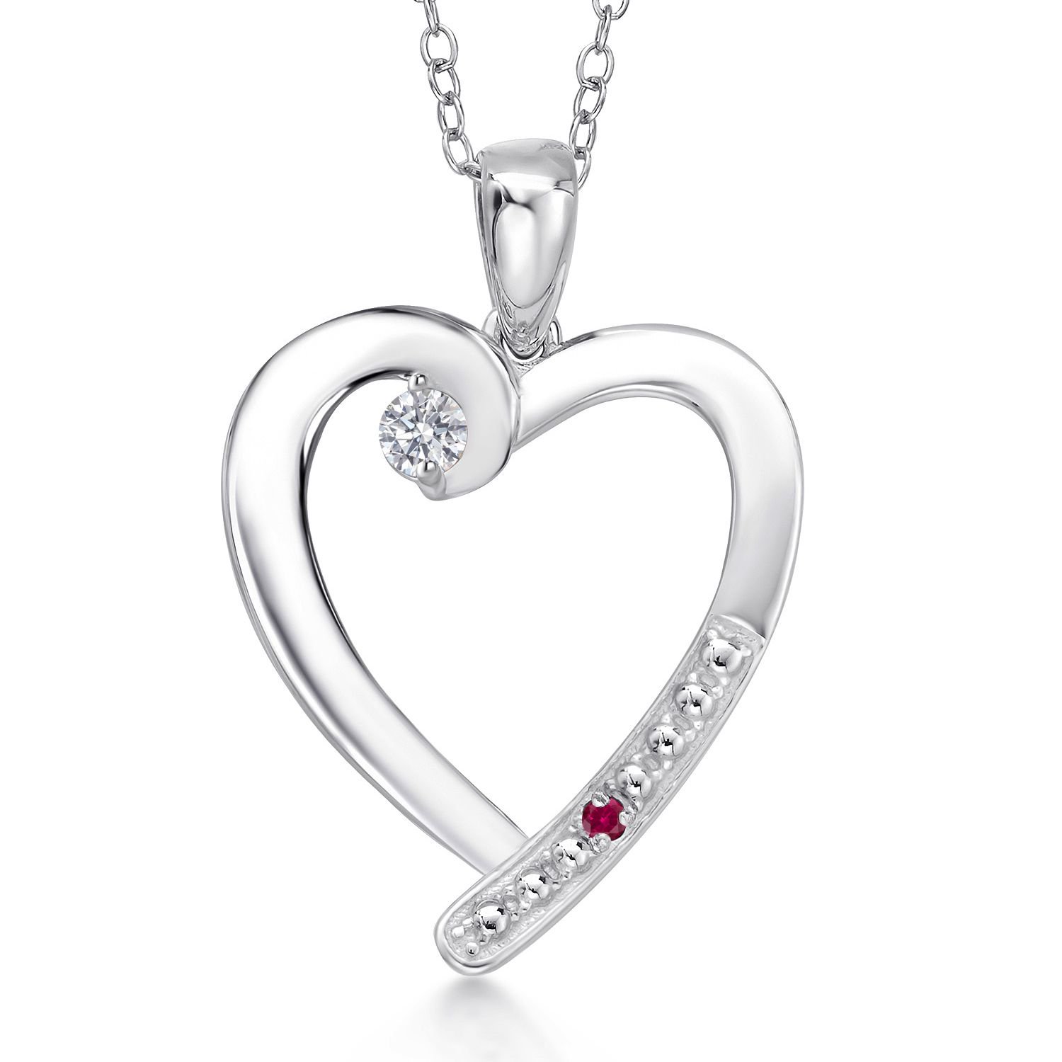 Gem Stone King 925 Sterling Silver Lab Grown Diamond and Red Created Ruby Heart Pendant Necklace for Women | 0.19 Cttw | Gemstone April Birthstone | Round 3.5MM | With 18 inch Chain