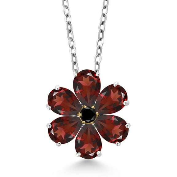 Gem Stone King 3.01 Ct Red Garnet Black Diamond 925 Silver and 10K Yellow Gold Pear Shape Flower Pendant with Chain