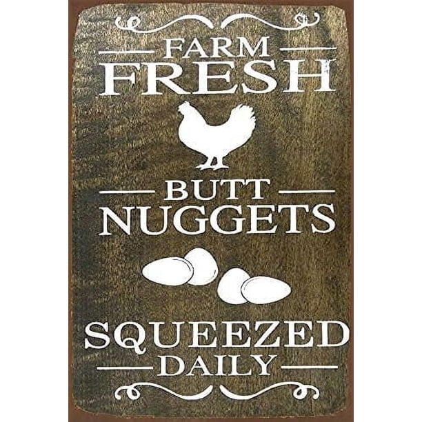 Letrero decorativo de pollo con nuggets de pollo frescos de granja, humor de granja, humor sobre pollos, letrero, letreros metálicos de granja con diseño de gallinero divertido de 8 x 12 pulgadas