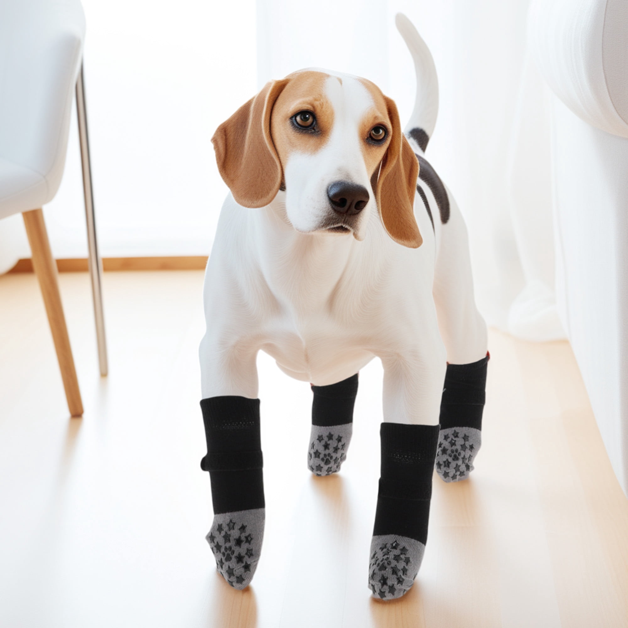 Unique Bargains 4 Pcs Non-Slip Durable Dog Socks With Reflective Tapes Gray M