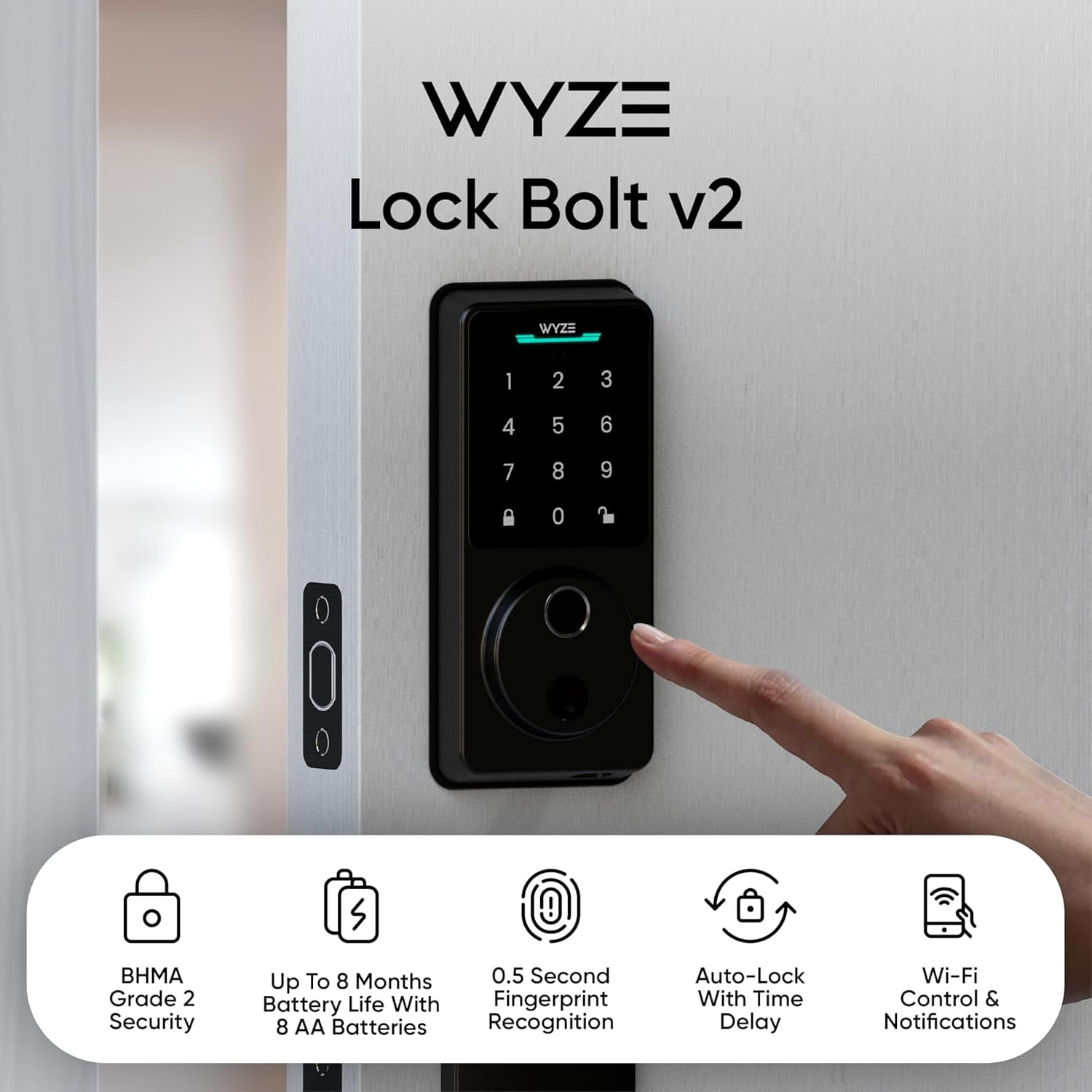 Wyze Lock Bolt v2, Smart Wi-Fi Deadbolt with Fingerprint Scanner, Keyless Entry, Keypad with 50 Passcodes, Built-in Wi-Fi 6, Auto-Lock, 8-Month Battery