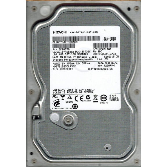 Hitachi HDS721025CLA382 P/N: 0F10379 MLC: JPT39C 250GB