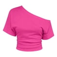 thumbnail image 4 of Rggeeun Womens T-Shirts Solid Color One Shoulder Short Sleeve Shirred Slim Fit Lightweight for Summer Everyday Use Leisure Tee,Pink,L, 4 of 4
