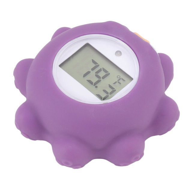 termómetro de baño para bebé termómetro de temperatura impermeable para bañera de bebé temporizador inteligente para el hogar anggrek otros — termómetro digital impermeable de ABS color morado con pantalla LCD central que muestra 29.5°C, diseño redondeado con bordes lisos y botón lateral, tamaño aprox. 67 x 35 mm, incluye 2 pilas LR44; también suele usarse para comprobar temperatura de agua en biberones al viajar.