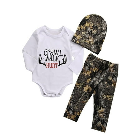 

3PCS Newborn Infant Baby Boys Girls Long Sleeve Letters Deer Romper Bodysuit Camo Pants with Hat Outfit Clothes