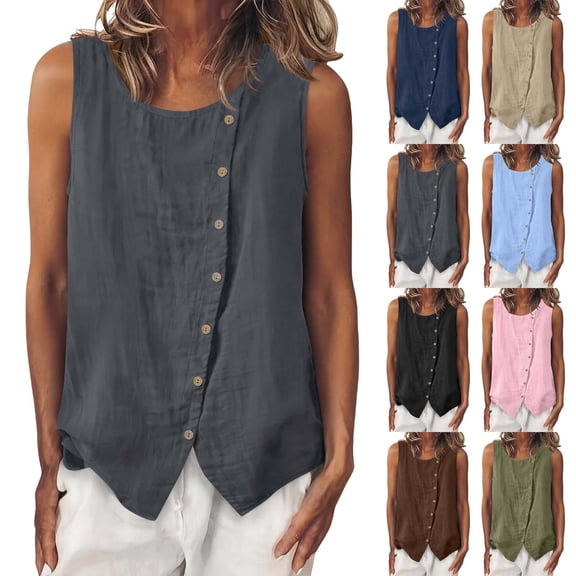 Sheghy Plus Size Tank Tops for Women 100%Cotton Linen Blend Crew Neck Shirt, Loose Sleeveless Tank with Decorative Buttons Black S