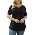 thumbnail image 4 of VERABENDI Women's Tops Plus Size Short Sleeves Loose Fit Tunic Shirts Lace patchwork round neck Lady Blouses, M-4XL, 4 of 5