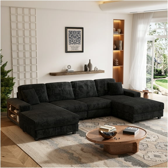 JERFIT Modular 4-Piece U-Shaped Sectional Sofa Set with Chaise, Convertible Corduroy Fabric Couch for Living Room, Black