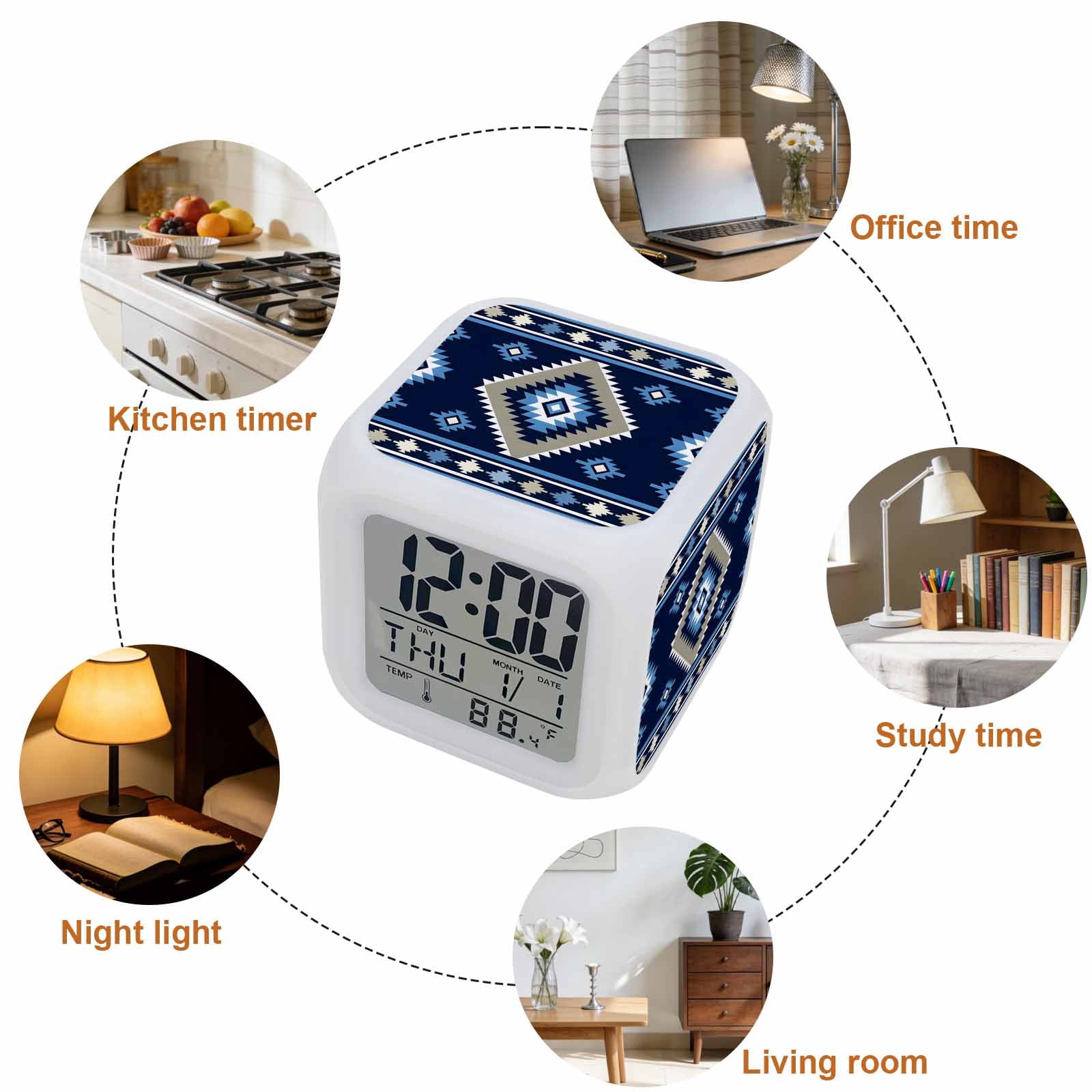 Alarm Clocks Blue Tribal Geometric Digital Clock 7 Color LED Night Light Silent Non-Ticking Battery Operated Boho Vintage Native Abstract Cube Clocks for Bedroom Bedside Living Room Office School