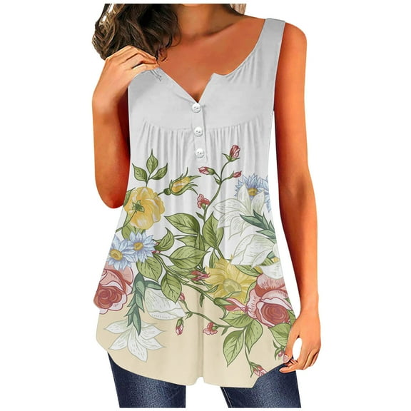 Usmixi Womens Tank Tops Fashion Button Pleated Swing Henley Shirts Lightweight Belly Tunic Vest Summer Trendy Feather Print V-Neck Sleeveless Shirts Blouse Green XXL