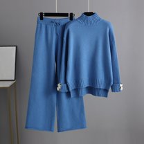 Riforla Women's Knitted Set Autumn and Winter Knitting Suit High Sweater Long Pants Loose Two Piece Set Two Piece Sets for Women Blue One Size
