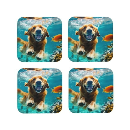 

Tideii Dog Underwater Adventure for Leather Coasters 4 Pieces Anti-fouling and Anti-scalding Decorative Coasters Suitable for Restaurants Kitchens Coffee Shops-Square
