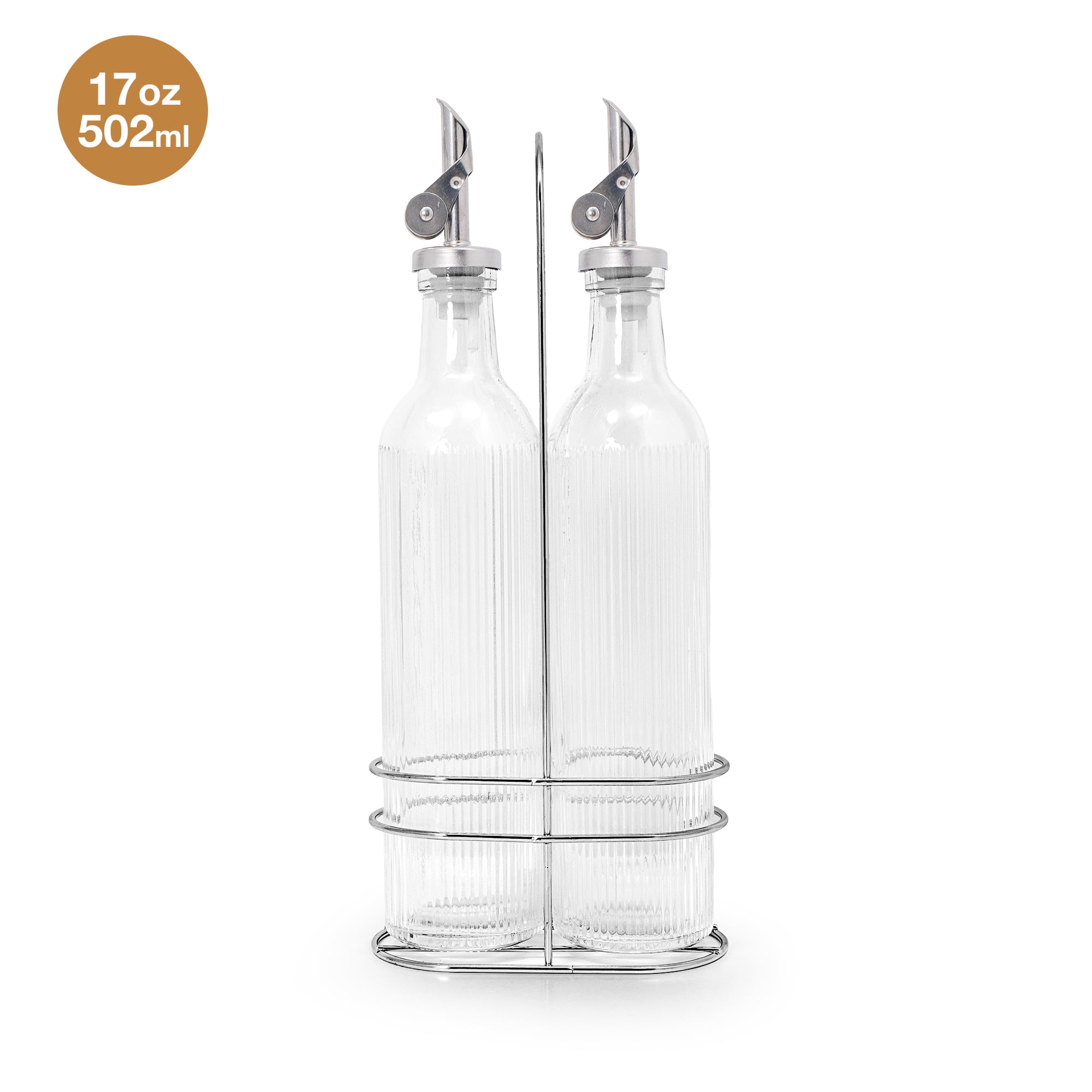 Cook with Color Glass 17 fl oz Oil & Vinegar Dispenser Set  Drip-Free Spouts & Rack  2-Pack