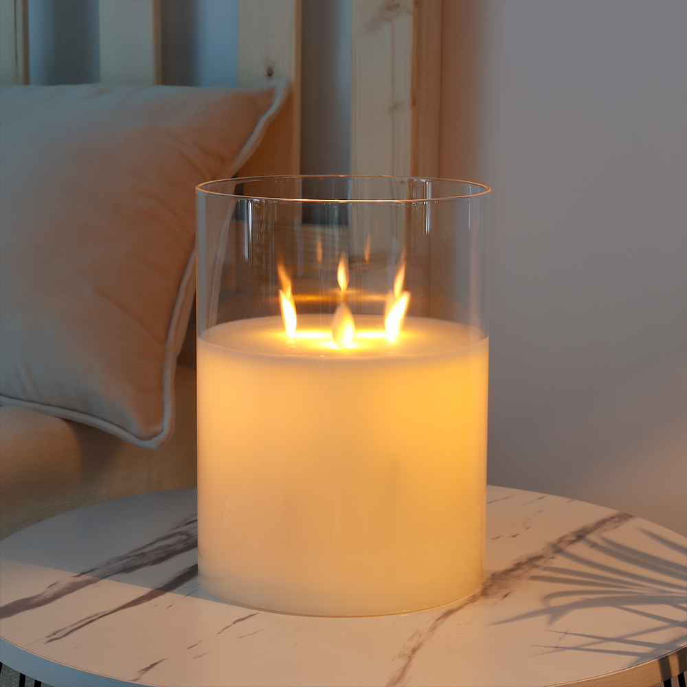 JHY DESIGN 3-Wick Flicker LED Flameless Pillar Candles with Timer, Real Wax, Battery Operated, 8'' High