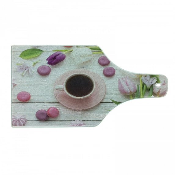 Coffee Cutting Board, Top View Photo of Cup with Macaroons and Fresh Tulip Flowers, Decorative Tempered Glass Cutting and Serving Board, in 3 Sizes, by Ambesonne
