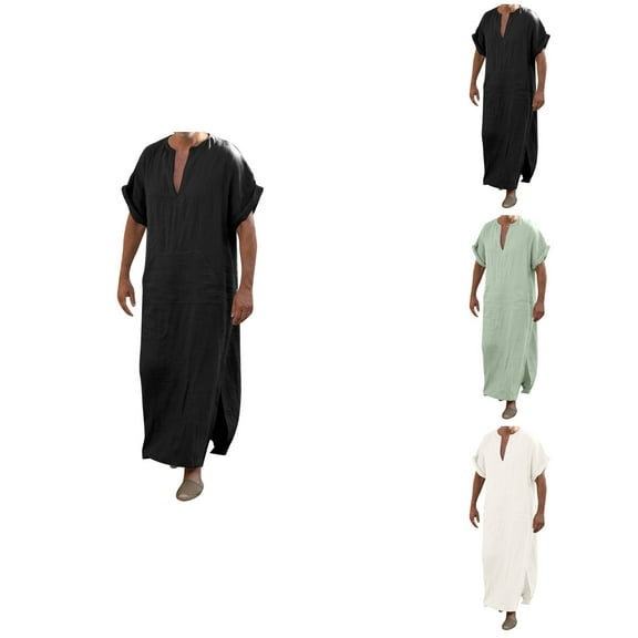 Mens V-Neck Short Sleeve Cotton Robe, Casual Loose Lightweight, Big and Tall, Long Sleeping Gown
