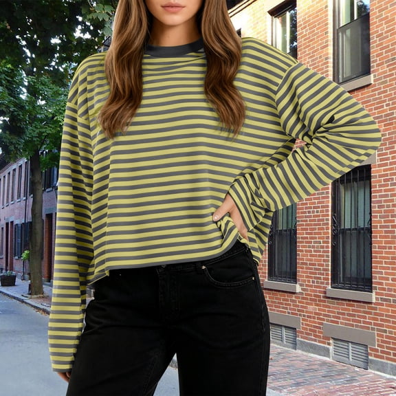 ClodeEU Womens Striped Sweatshirt ,Long Sleeve Oversized Crew Neck Color Block Loose Fit Tops Yellow,Womens Plus L
