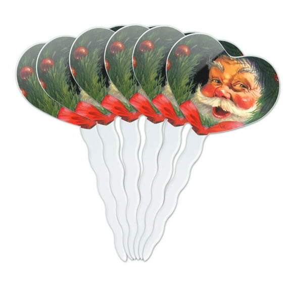 Christmas Holiday Santa Claus Wreath Heart Love Cupcake Picks Toppers Decoration Set of 6