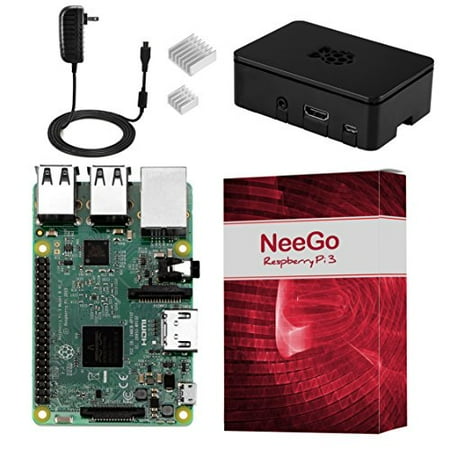 NeeGo Raspberry Pi 3 Kit – Pi 3 Model B Barebones Computer Motherboard with 64bit Quad Core CPU & 1GB RAM, Black Pi3 Case, 2.5A Power Supply & Heatsink 2-Pack