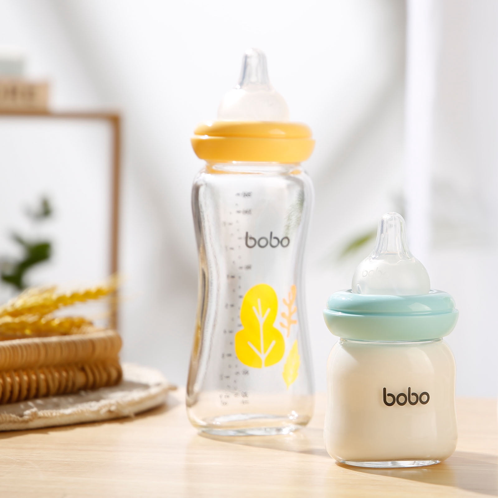 YOHKOH Glass Baby Bottle,Natural Response Nipple, 8.8oz/2Pk,Mushroom Yellow,Bottles Gift Set