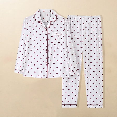 Nmnitkp Lightweight Summer Pajamas Casual Loose Printed Button Trundown Collar Long Sleeved Tops Cardigan Pants Pajamas for Women Set White L